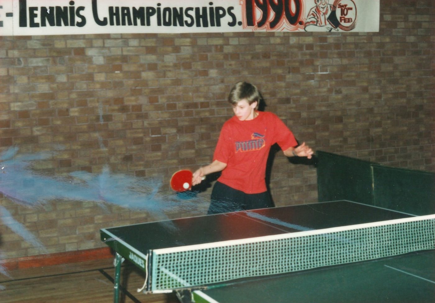 A member playing at the Patrician Youth Centre Table Tennis Championships, February 1990